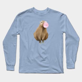 Cute Pink Bubblegum Blowing Capybara Long Sleeve T-Shirt